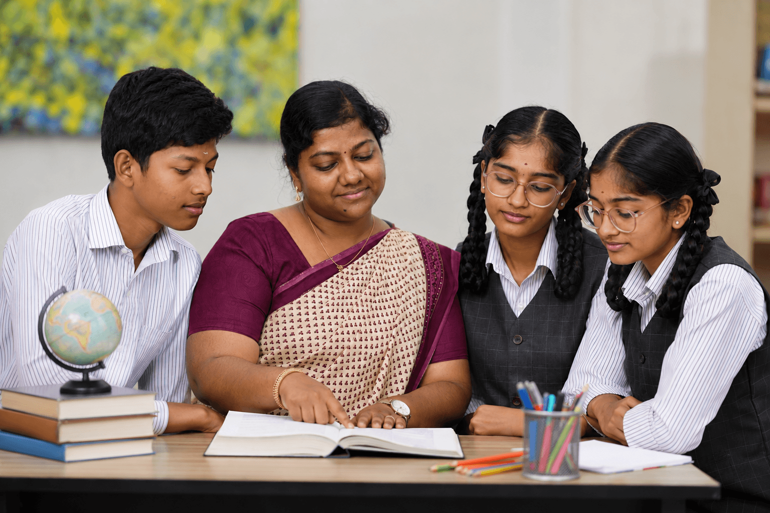 A teacher guiding students at Vikas Vidyalaya Juniors
