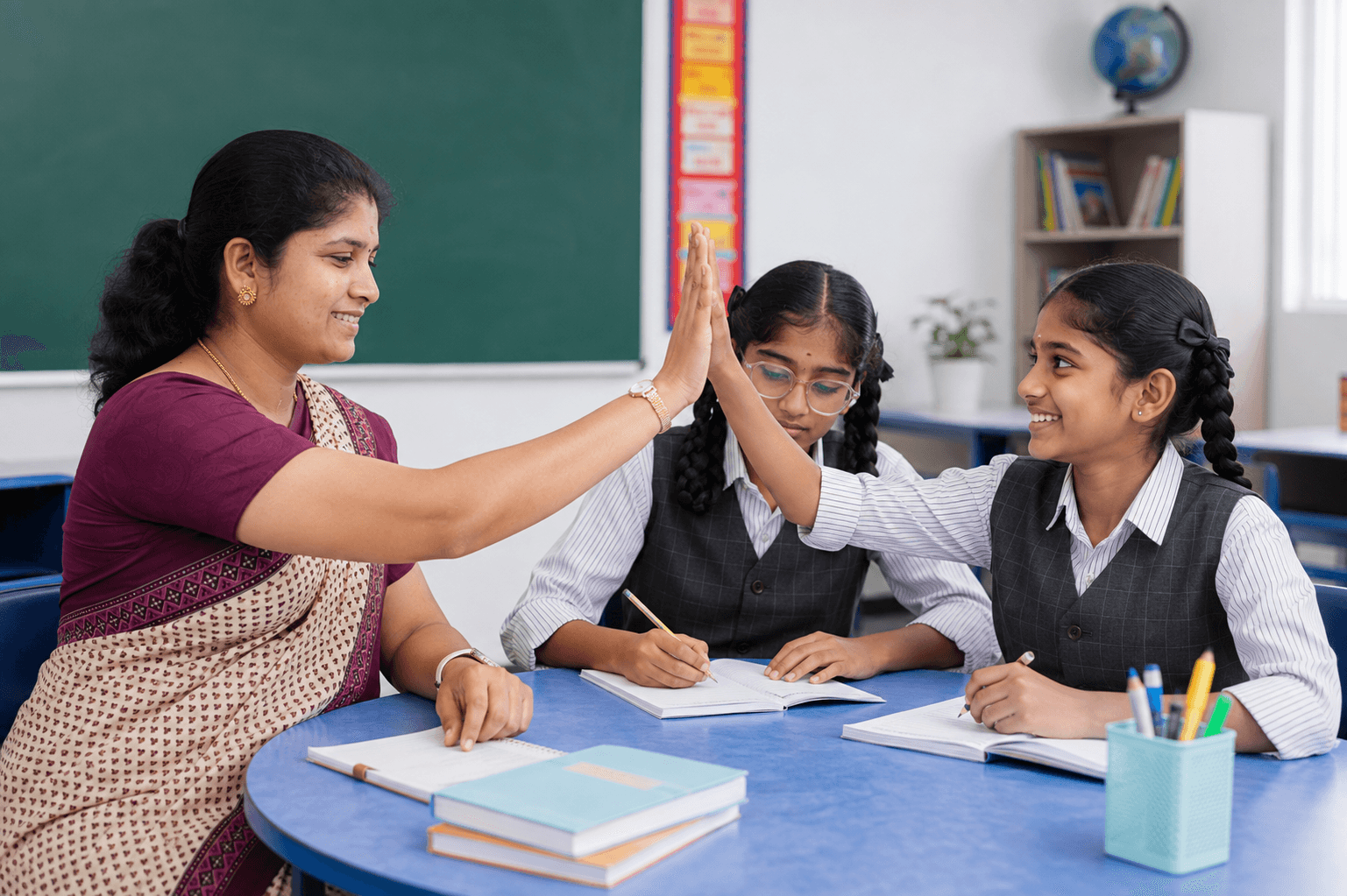 A teacher celebrating with students at Vikas Vidyalaya Juniors